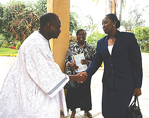 The First Lady Jeannette Kagame being welcomed by WRA Country Representative, Jeremi Zoungrama while MINISANTEu2019s Caroline Rwivanga looks on. (Photo/ G.Barya)