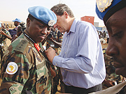 Major General Emmanuel Karake (L) being decorated for his good service with UNAMID by Allain Le Roy, the UN Under Secretary for Peacekeeping Operations.