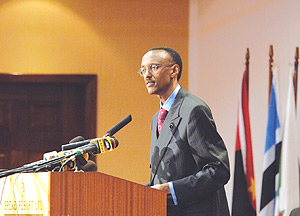 President Kagame addressing the Tripartite Summit in Kampala Thursday. (PPU photo).