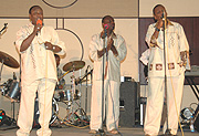Old school singers Jean-Marie Muyango (L), Gipeti (C) and Intore Masamba (R) perform at Serena, Kigali. (Photo/G.Barya).