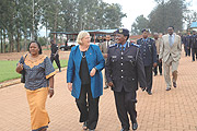 PEACE WALK:  Acting Commissioner General of Police, Mary Gahonzire (R) chats with Canadian Embassy Head of Office, Anna-Maria Scotti on Monday. Left is the PS of the Ministry of Internal Security, Penelope Kantarama. (Photo/ J.Mbanda)