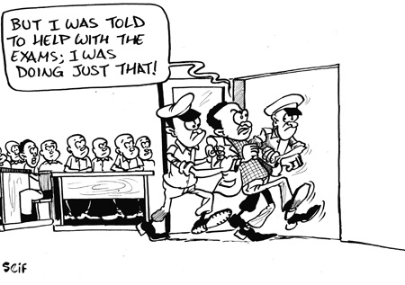 Two examination supervisors in Kayonza District have been arrested for helping their students cheat in the ongoing primary school leaving examinations.