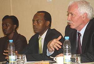 UNVEILED: Joseph Ritchie (1st from right) the Chief Executive Officer of the Rwanda Development Board flanked by Francis Gatare former Director General of RIEPA (center) and Rosette Rugamba former Director General of ORTPN. (Photo/ D. Kezio-Musoke). 