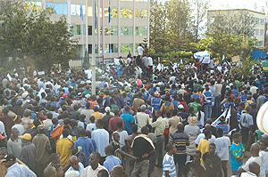 Rwandan youth outside the European Commision offices during demonstrations against Rose Kabuyeu2019s arrest in Germany while on State duty. (Photo/ G.Barya)
