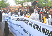 Pentecostal Church members on Sunday  prayed for and protested Rose Kabuyeu2019s arrest. (Photo/ E.Mutara).