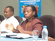 Commerce Minister, Monique Nsanzabaganwa stresses a point while Mines and Natural Resource MinisterVincent Karega listens (Photo/ G.Barya)