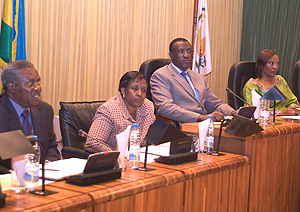 Foreign Affairs Minister, Rosemary Museminali, and her Defence counterpart, Gen Marcel Gatsinzi, appearing before Parliament yesterday. (Photo/ G.Barya).