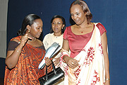 L-R: Solina Nyirahabimana, Chairperson Profemmes Twese Hamwe,  Therese Bishagara and Speaker, Rose Mukantabana.(Photo/ G.Barya)