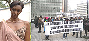 L-R: Rose Kabuye, Protesters in Brussels show their feelings on the arrest of Kabuye. (Courtesy photo).