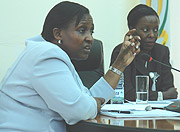 Minister of Foreign Affairs Rosemary Museminali   with Louise Mushikiwabo the Minister of information during the press conference yesterday. (Photo/ G. Barya).