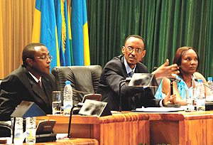 H.E Paul Kagame with the Senate President Vincent Biruta and Speaker of the Parliament Rose Mukantabana at the National Dialogue Conference yesterday. (Photo/G.Barya).