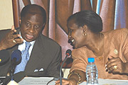 Foreign Affairs Minister Rosemary Museminali shares a light moment with her DR Congo counterpart Alexis Thambwe Mwamba during a recent meeting in Kigali. (File Photo).
