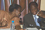 Foreign Affairs Minister Rosemary Museminali shares a light moment with her DR Congo counterpart Alexis Thambwe Mwamba in Kigali recently. (File Photo)