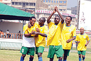 RECOVERED: Amavubi Stars players congratulate Bokota Labama upon scoring the teamu2019s third goal against Somalia 