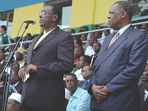 Premier Bernard Makuza and Issa Hayatou the President of CAF during the opening ceremony of AYC at Amahoro stadium yesterday. (Photo/ G. Barya)