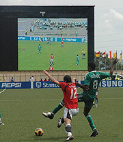 The giant screen installed at Nyamirambo Regional Stadium displaying the ongoing AYC championship. (Photo/ G. Barya)
