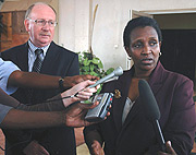 Foreign Affairs Minister Rosemary Museminali speaking to the press shortly after signing the pact with the Belgians. (Photo/ J. Mbanda)