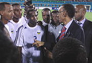 CONFIDENCE BUILDING: President Paul Kagame speaking to the Junior Wasps after their AYC game against Cameroon. (Photo / G. Barya)