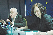 Michael Cashman and his Deputy Claudia Vollmer during the release of EU Final Report on the September 2008 Legislative Elections at Hotel Novotel yesterday. (PhotoGBarya)