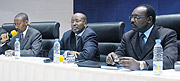 Finance Minister James Musoni (C),  Governor of the Central Bank Francois Kanimba (R) and the Permanent Secretary in the Ministry of Finance John Rwangombwa. (Photo J. Mbanda)