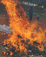 Flames erupt as kilogrammes of marijuana and other ilicit drugs were destroyed by the National Police in Nyamirambo yestterday. (Photo / G.Barya).