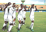 Ghanaian players celebrate the opening goal against South Africa. The Black Satellites are odd-on to win their third African Youth Championship title. (Photo / G. Barya)