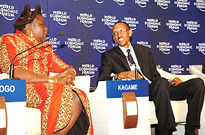 President Kagame shares a light moment with the Prime Minister of Mozambique, Luisa Dias Diogo, during the World Economic Conference in Davos, Switzerland yesterday. (Photo PPU).