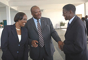 Rose Mukantabana and Christian Kaboru00e9  share a light moment with Deputy Speaker Denis Polisi. (Photo / J. Mbanda).