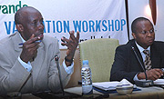 Charles Karake and Wachira Maina, one of the experts who prepared the Skills Audit Report at the workshop yesterday. (Photo / J. Mbanda).