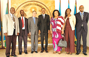 L-R:Mr Taguma(Chairman of East Africa Company);Mr Kanyankore(Ocir-Cafu00e9);Mr Osorio(Executive Director of International Coffee Organisation); H.E Paul Kagame; Mrs Sacko (Secretary General of Inter Africa Coffee Organisation);Hon Agnes Kalibata;Dr. Kimonyo.
