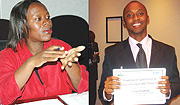 L-R: Monique Nsanzabaganwa, Ngagi Kabarega one of the graduates of the leadership course displays his certificate. (Photo / R.Mugabe)