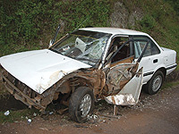 The Toyota Corolla that was involved in the accident  with a heavy truck. (Photo/ R. Mugabe).