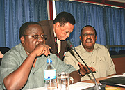 Mwapachu (middle) talks to Ministers of EAC affairs of Uganda and Tanzania Eriya Kategaya and Diodorus Kamara respectively during the  EALA session yesterday. (Photo/ G. Muramila).