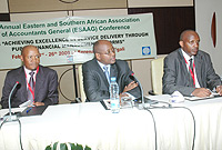 Minister Musoni (C) Freeman Nomvalo (L) and Mujuni at the ESAAG Conference at Serena on Monday. (Photo / J. Mbanda)
