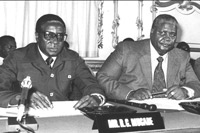Robert Mugabe (l) at Lancaster House, London, 1979, with his rival Joshua Nkomo.