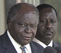 Kenyau2019s President Mwai Kibaki (left) and opposition leader Raila Odinga (right) as Prime Minister.