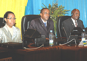Senate President Vincent Biruta(c) with the Speaker of Burundi Parliament,Pie Ntavyohanyuma(R)and the president of supreme court,Aloysia Cyanzaire, at the official opening of international Conference on the Development of an Equitable information society.