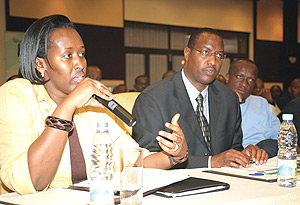 First lady Jeannette Kagame with Ministers Protais Mitali (Youth) and Joseph Habineza (Sports and Culture) at the Youth Empowerment Workshop at Serena Hotel Sunday. (Photo G Barya).