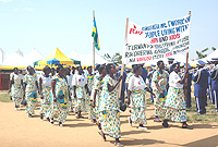 Rwandan women march against GBV on International Womenu2019s Day.
