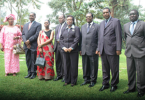 EAC Chief Justices and Beatrice Kiraso (Fifth from left), the blocu2019s Deputy Secretary General, in a group photo after the opening of the meeting yesterday. (Photo/ G. Barya).