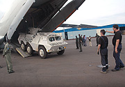 A UNAMID APC being loaded onto an aircraft at Kigali International Airport yesterday. (Photo J. Mbanda).