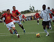 WASTED OPPORTUNITY: Striker Ndjoli Bokungu goes past El Hadoud defenders but shoots lamely straight at the advancing keeper. His miss could prove too costly. (Photo / G. Barya)