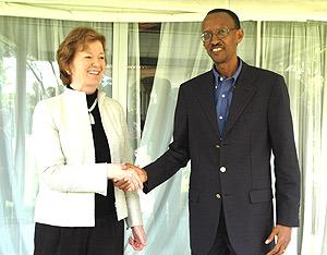 President Kagame shakes hands with Mary Robinson after their meeting at State House, Kiyovu yesterday. (PPU Photo),