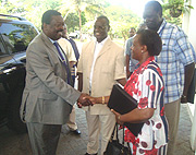MININFRA PS Marie Claire Mukasine welcomes Kenyan Deputy Premier Mudavadi for the closing ceremony of the Petroleum conference in Mombasa on Friday. (Photo/ G. Muramila).