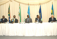 L to R: H.E. Joseph Kabila (DRC), H.E. Thabo Mbeki (RSA), H.E. Joachim Chissano (Mozambique), H.E. Paul Kagame, (Rwanda), and Amb. William Swing (UN Representative) attending the Third Party Verification Mechanism summit on 27th November 2003 in Pretoria.