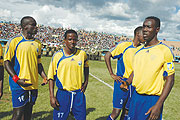 Bonaventure Hategekimana (L) pulled out of the Amavubi camp with a bout of Malaria but Olivier Karekezi (R) and Haruna Niyonzima (C) must  play a big role on Saturday. (File photo)