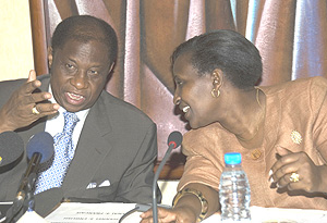 Foreign Affairs Minister Rosemary Museminali shares a light moment with her DR Congo counterpart, Alexis Thambwe Mwamba, during a recent meeting in Kigali. (File Photo).
