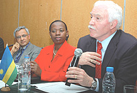 Trade and Industry Minister, Monique Nsanzabaganwa (C) with the Indian Ambassador, Niraj srivastava (L) and the RDB CEO, Joe Ritchie at the meeting yesterday. (Photo/G.Barya).