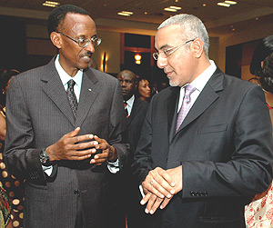 President Kagame with Kenyau2019s Minister of Tourism, Najib Balala. (PPU photo).