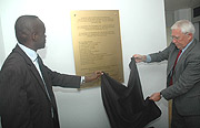 Habineza and MacRae unveiling the plaque yesterday at the EU offices in Kacyiru yesterday. (Photo J. Mbanda).